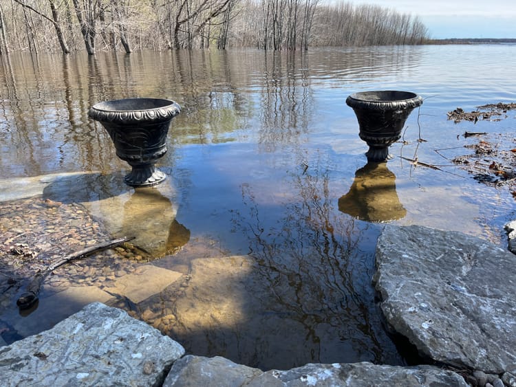 View of a spring river flooding stone steps, on which stand two partially submerged black goblet-shaped vases.