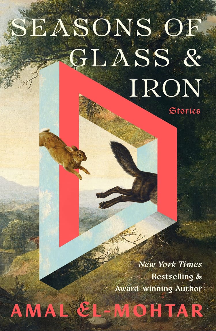 Cover of SEASONS OF GLASS AND IRON, my new short story collection. Against a pastoral background beneath the title, a space-distorting rhomboid shows a rabbit chasing a wolf.